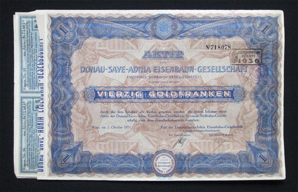 Duna-Száva-Adria Vasút részvény 40 frank 1931 - Bécs